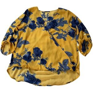 West Kei Mustard Yellow Navy Blue Floral Rose Wrap Surplice Blouse 3/4 Sleeve